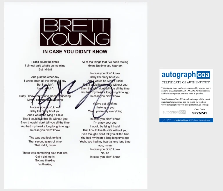 BRETT YOUNG SIGNED AUTOGRAPH IN CASE YOU DIDN'T KNOW LYRIC SHEET w/PROOF & COA