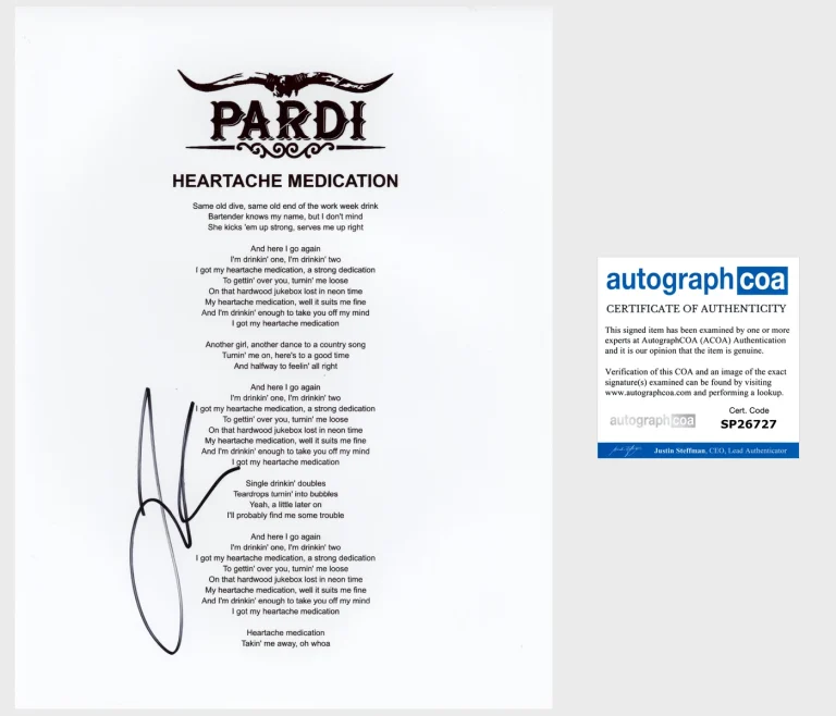 JON PARDI SIGNED AUTOGRAPH HEARTACHE MEDICATION LYRIC SHEET w/PROOF & COA