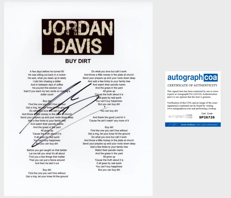 JORDAN DAVIS SIGNED AUTOGRAPH BUY DIRT LYRIC SHEET w/PROOF & ACOA COA