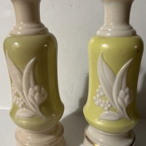 2 1930s Vintage Aladdin Alacite Chartreuse & Ivory Lamp Bases Lily Of The Valley