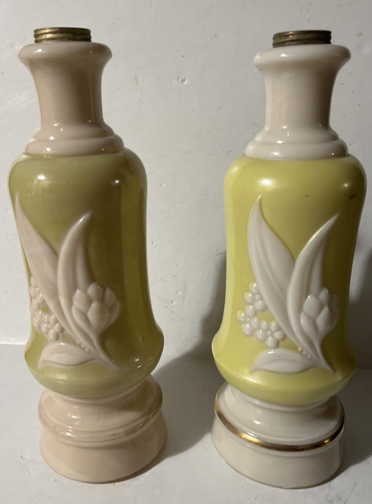 2 1930s Vintage Aladdin Alacite Chartreuse & Ivory Lamp Bases Lily Of The Valley