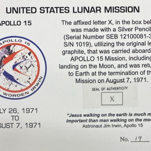 Apollo 15 Mission Carried Pencil Used Graphite 1971 Flown to Moon Jim Irwin COA
