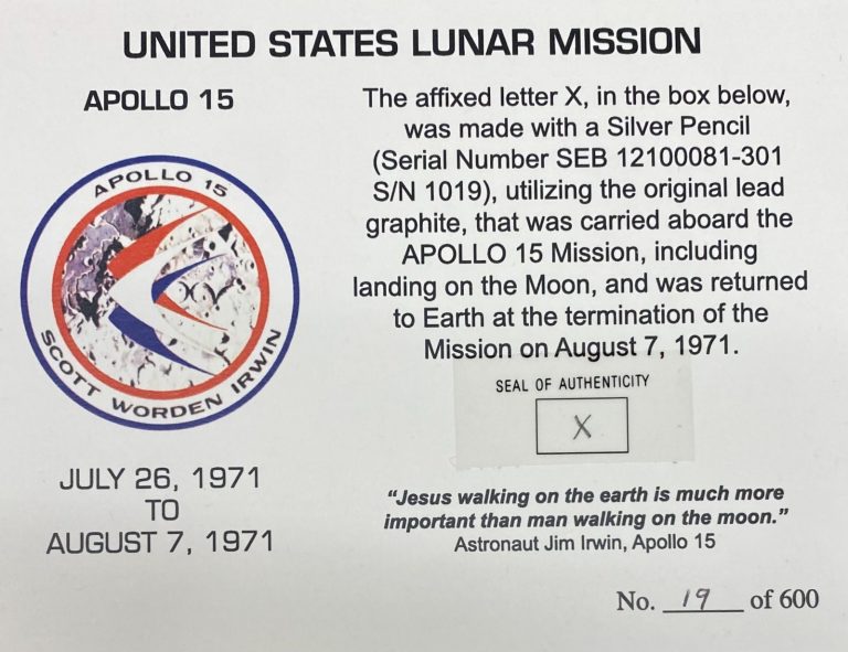 Apollo 15 Mission Carried Pencil Used Graphite 1971 Flown to Moon Jim Irwin COA