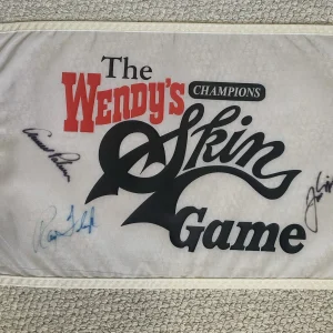 JACK NICKLAUS+ARNOLD PALMER+RAY FLOYD HAND SIGNED SKINS GAME GOLF FLAG JSA
