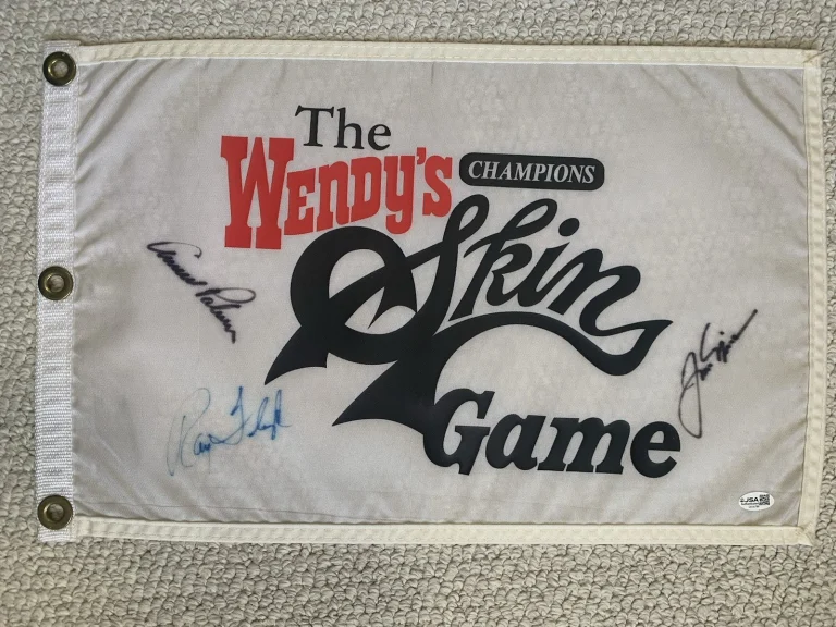 JACK NICKLAUS+ARNOLD PALMER+RAY FLOYD HAND SIGNED SKINS GAME GOLF FLAG       JSA