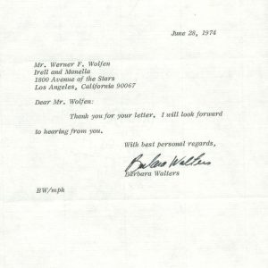 Barbara Walters NBC News Signed Autographed 1974 Typed Letter PSA/DNA