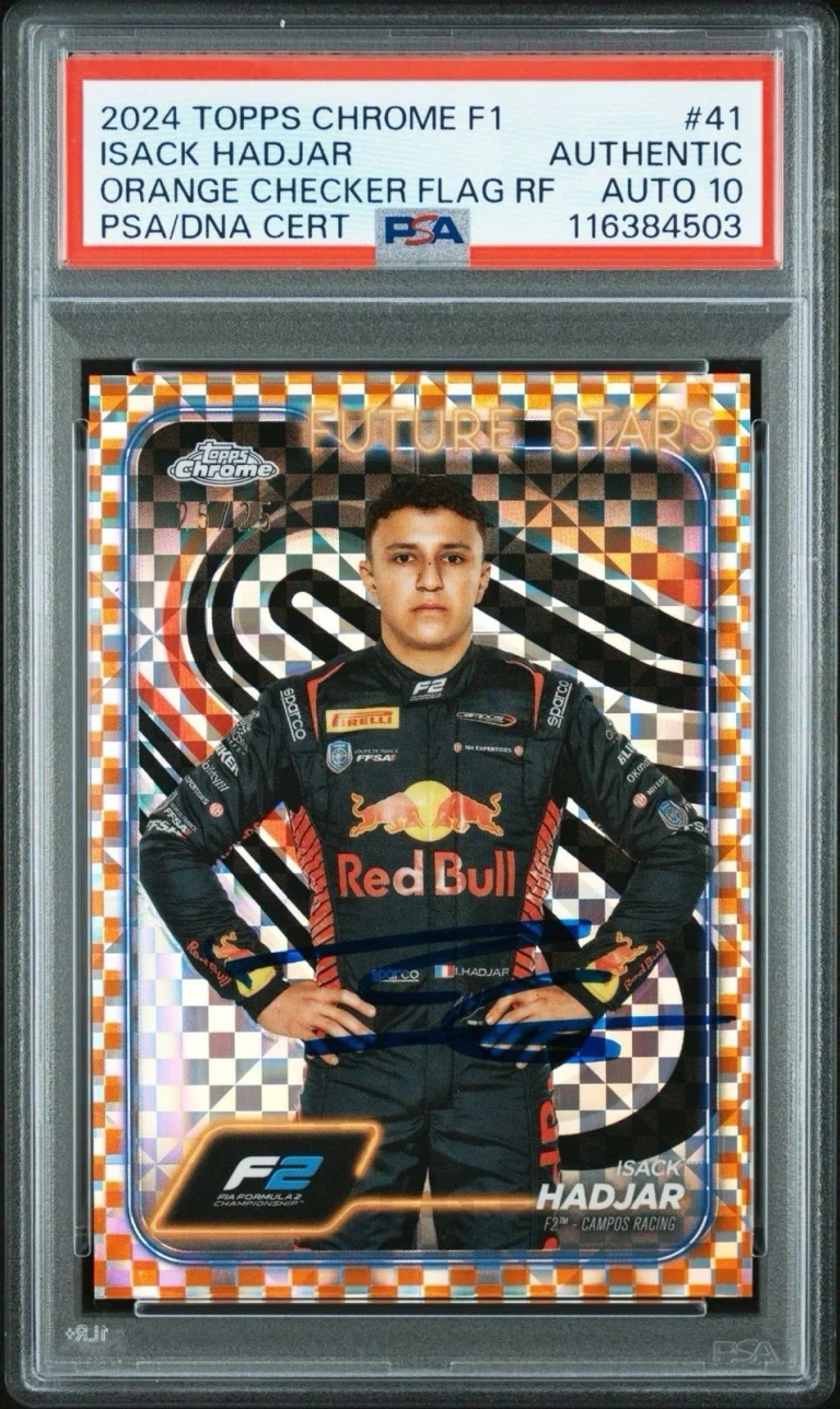 2024 Topps Chrome F1 #41 Isack Hadjar Signed Orange Checker Flag /25 PSA AUTO 10