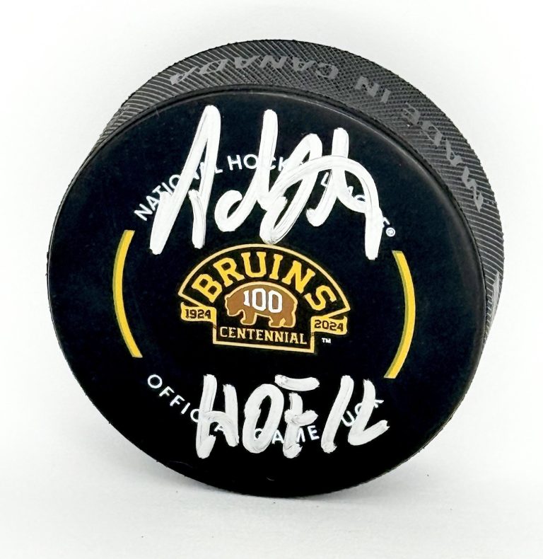 Adam Oates signed Boston Bruins 100th Anniversary Game Puck W/ HOF Beckett Witn.