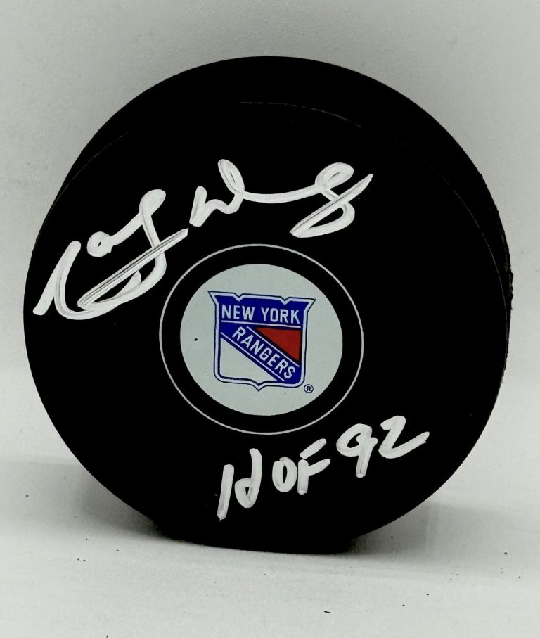 Marcel Dionne signed New York Rangers Puck W/ HOF Inscription Beckett Witnessed