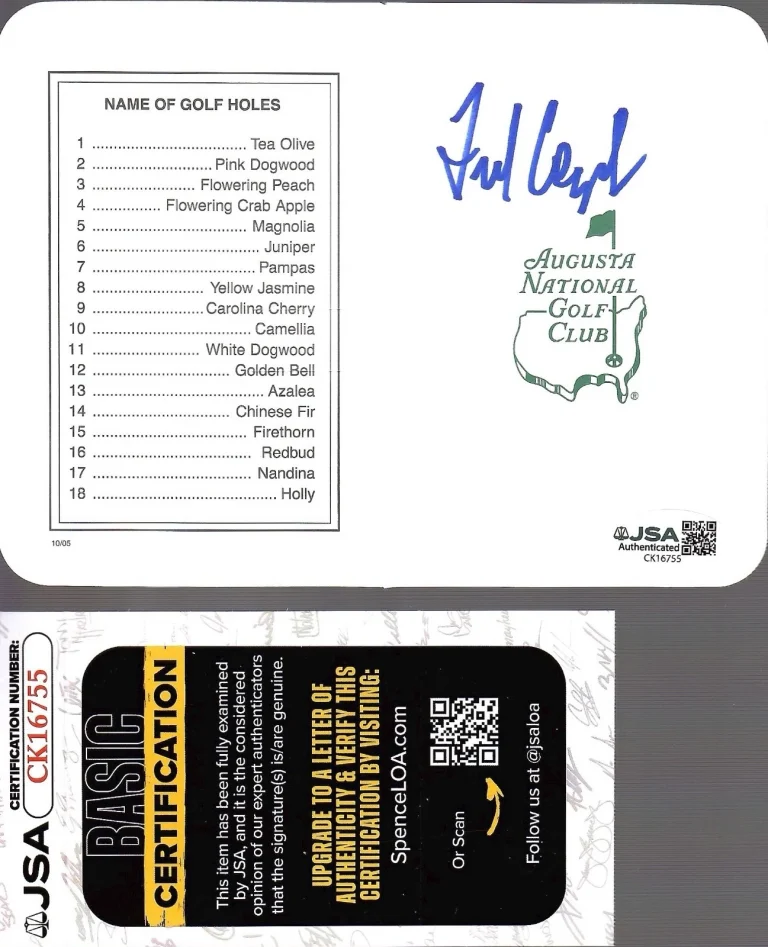 FRED COUPLES HAND SIGNED GOLF MASTERS SCORE CARD     1992 MASTERS CHAMP      JSA