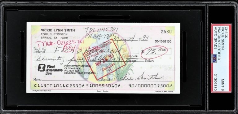 Anna Nichole Smith Signed Vickie Smith 1993 Check to Uncle PSA PSA/DNA MINT 9