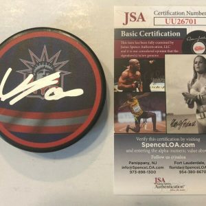 ADAM FOX SIGNED NEW YORK RANGERS REVERSE RETRO HOCKEY PUCK W/ CASE JSA COA