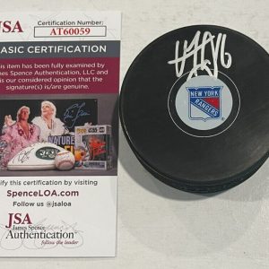 VINCENT TROCHECK SIGNED NEW YORK RANGERS HOCKEY PUCK W/ CASE JSA COA
