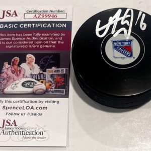 VINCENT TROCHECK SIGNED NEW YORK RANGERS HOCKEY PUCK W/ CASE JSA COA