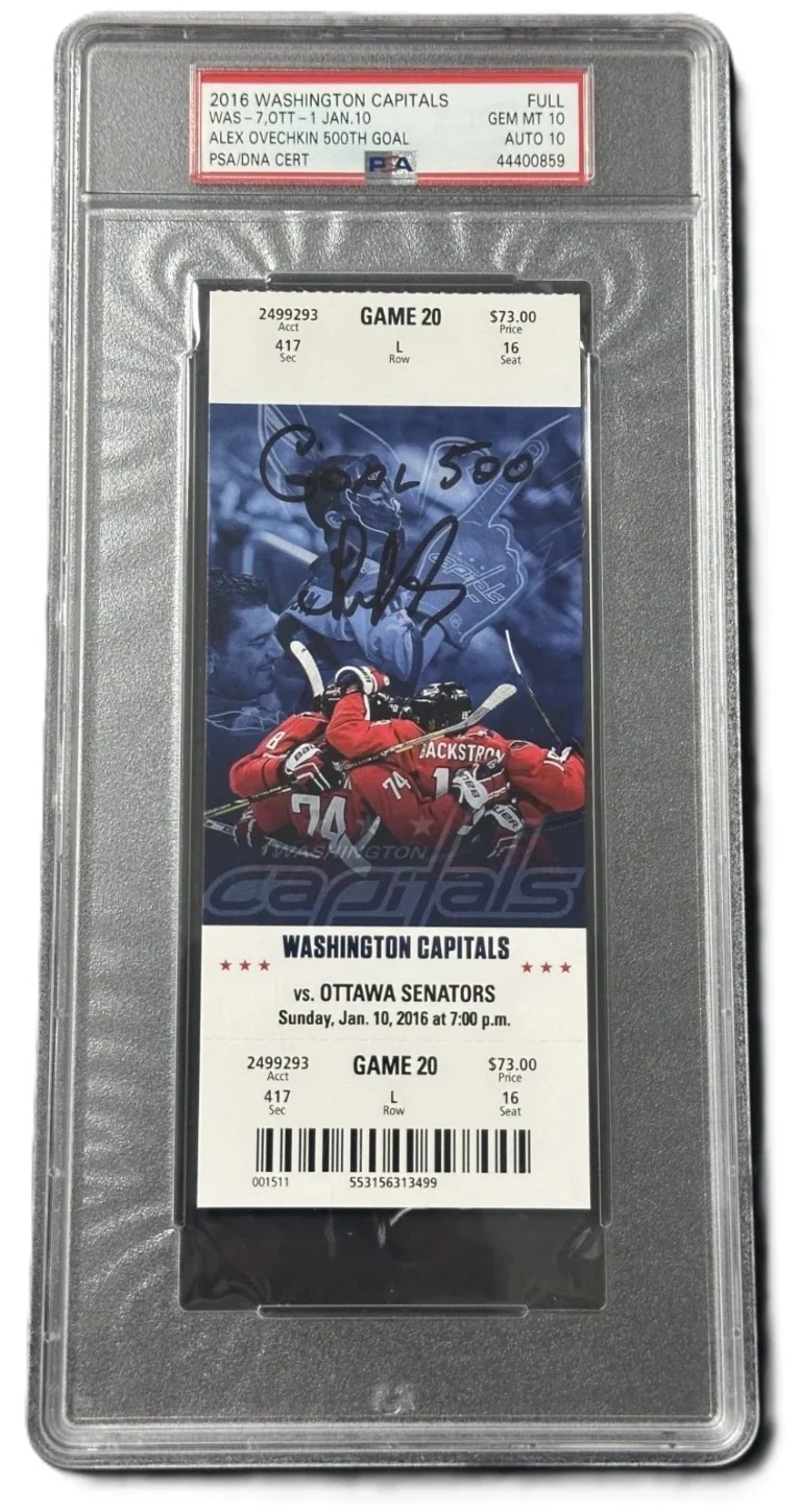 ALEX OVECHKIN SIGNED 2016 JAN 10 500TH GOAL TICKET POP 3 PSA 10 PSA/DNA 10 COLLECTIBLE MEMORABILIA