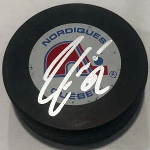 ADAM FOOTE SIGNED QUEBEC NORDIQUES HOCKEY PUCK W/ CASE COA