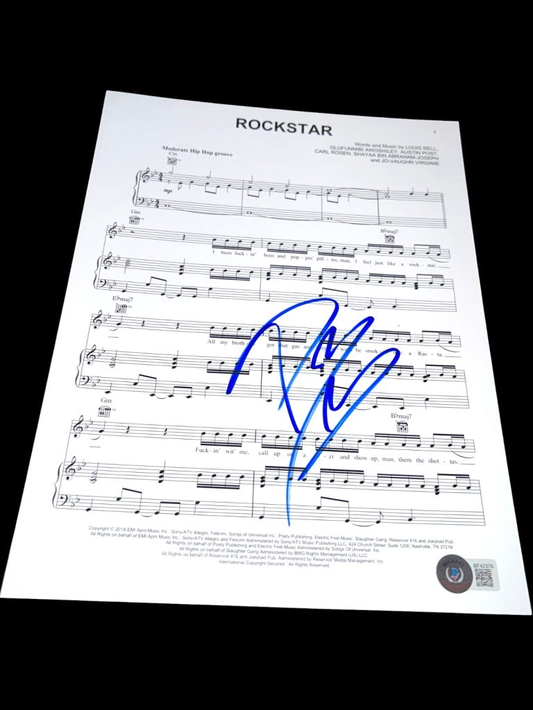 POST MALONE SIGNED AUTOGRAPH SHEET MUSIC ROCKSTAR WOW BECKETT BAS COA AUTO D