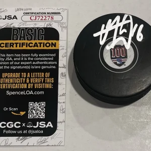 VINCENT TROCHECK SIGNED NEW YORK RANGERS 100 YEARS HOCKEY PUCK W/ CASE JSA COA