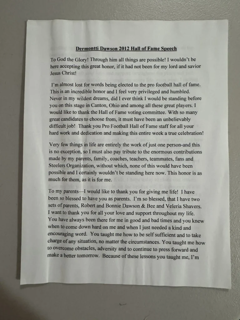 PERSONALLY OWNED Dermontti Dawson HOF Induction Speech Pittsburgh Steelers JSA