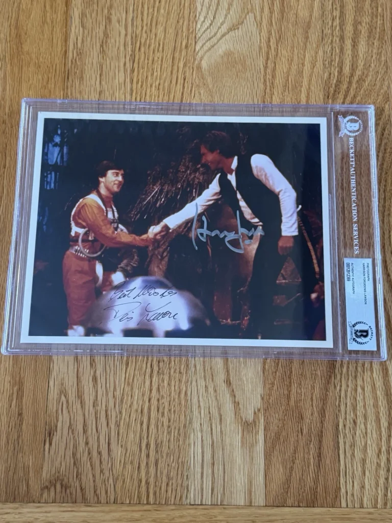 Harrison Ford Denis Lawson Signed Star Wars Photograph Great Image Beckett BAS