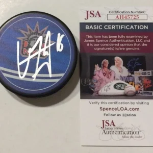 VINCENT TROCHECK SIGNED NEW YORK RANGERS HOCKEY PUCK W/ CASE JSA COA