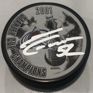 ADAM FOOTE SIGNED COLORADO AVALANCHE 2001 STANLEY CUP HOCKEY PUCK W/ CASE COA