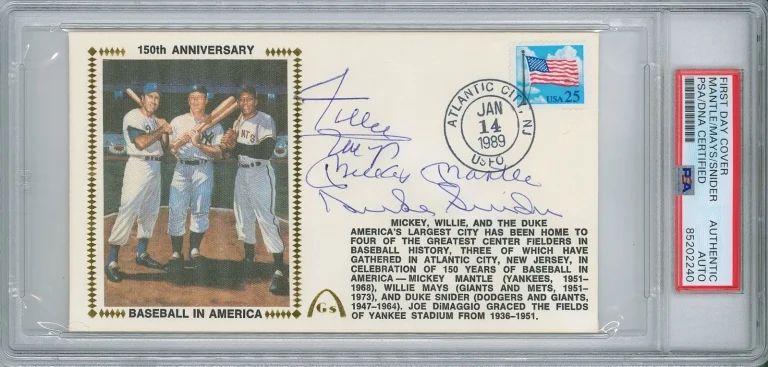 MANTLE MAYS SNIDER Signed Baseball In America FDC PSA 85202240