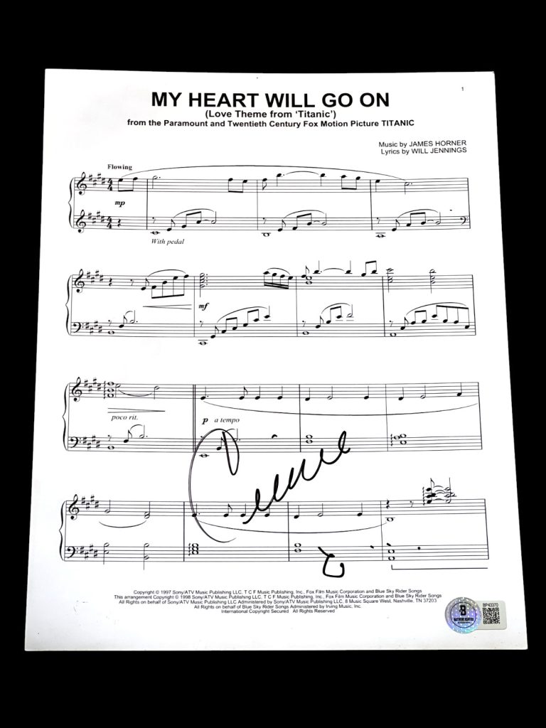 CELINE DION SIGNED AUTOGRAPH SHEET MUSIC HEART WILL GO ON TITANIC BECKETT BAS D