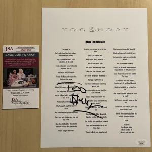 TOO SHORT SIGNED LYRIC SHEET AUTOGRAPHED RAPPER BLOW THE WHISTLE RARE JSA COA