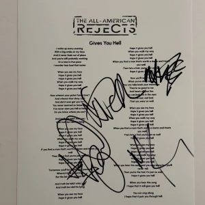 ALL AMERICAN REJECTS FULL BAND SIGNED LYRIC SHEET AUTOGRAPHED PUNK ROCK BAND COA