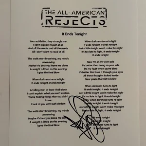 TYSON RITTER SIGNED LYRIC SHEET AUTOGRAPHED ALL AMERICAN REJECTS LEAD SINGER COA