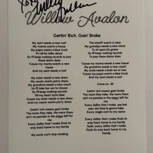 WILLOW AVALON SIGNED LYRIC SHEET AUTOGRAPHED HOT COUNTRY SINGER STAR RARE COA