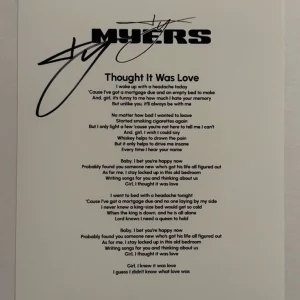 TY MYERS SIGNED LYRIC SHEET AUTOGRAPHED COUNTRY SINGER STAR RARE COA