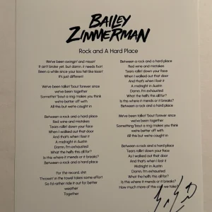 BAILEY ZIMMERMAN HAND SIGNED LYRIC SHEET AUTOGRAPHED COUNTRY SINGER RARE COA