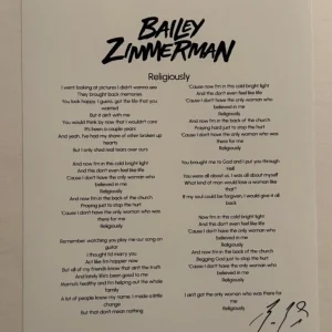 BAILEY ZIMMERMAN HAND SIGNED LYRIC SHEET AUTOGRAPHED COUNTRY SINGER RARE COA