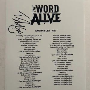 TYLER TELLE SMITH SIGNED LYRIC SHEET AUTOGRAPHED THE WORD ALIVE BAND SINGER COA