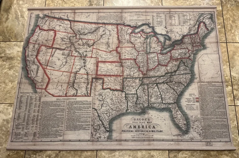 1863 CIVIL WAR MAP US BACON’S STEEL PLATE AMERICA FABRIC WALL HANGING 62” 45″ B3 COLLECTIBLE MEMORABILIA
