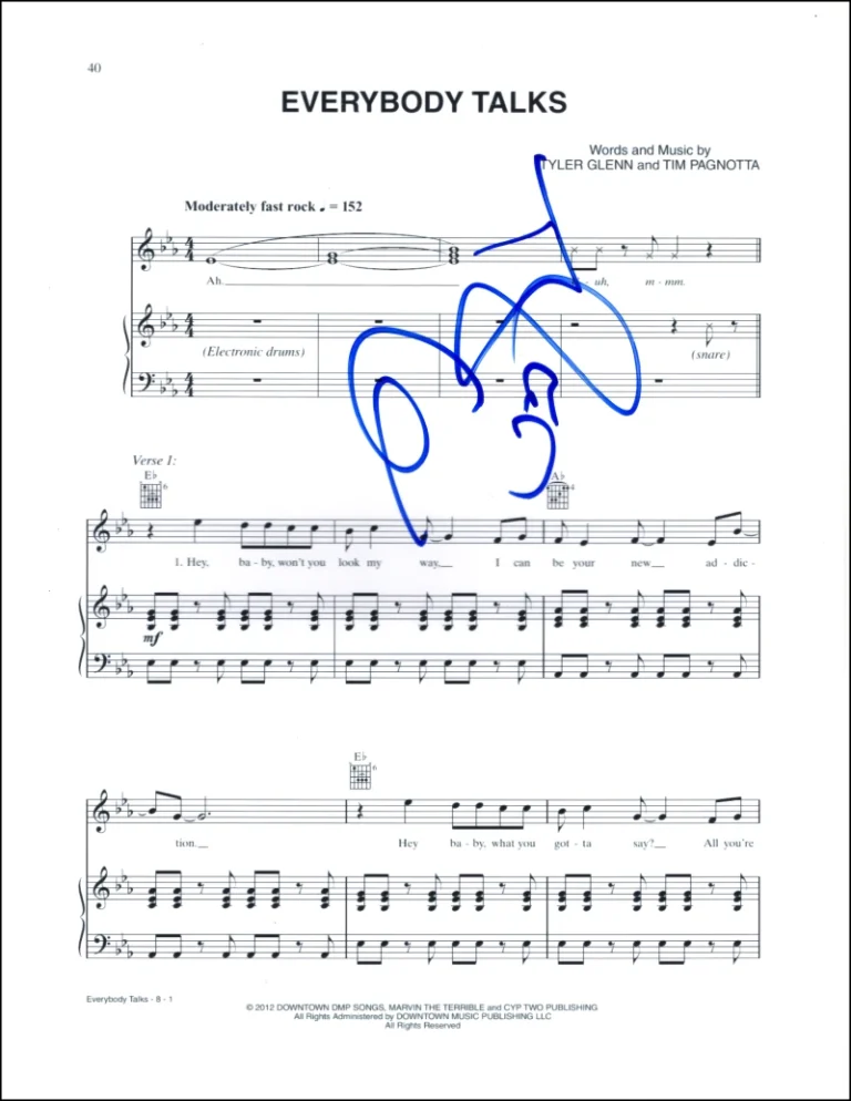 Tyler Glenn Neon Trees Signed Autograph Everybody Talks Sheet Music Picture Show