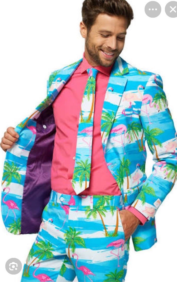 Oppo Suits Mens 3 piece suit size 42 flamingo tropical hawaiian jacket pants tie