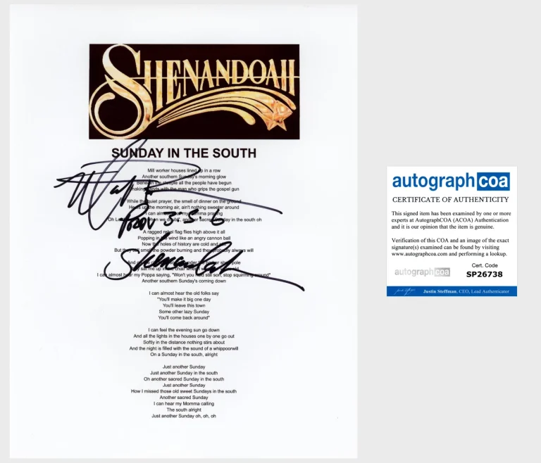 MARTY RAYBON SIGNED SHENANDOAH SUNDAY IN THE SOUTH LYRIC SHEET w/PROOF & COA
