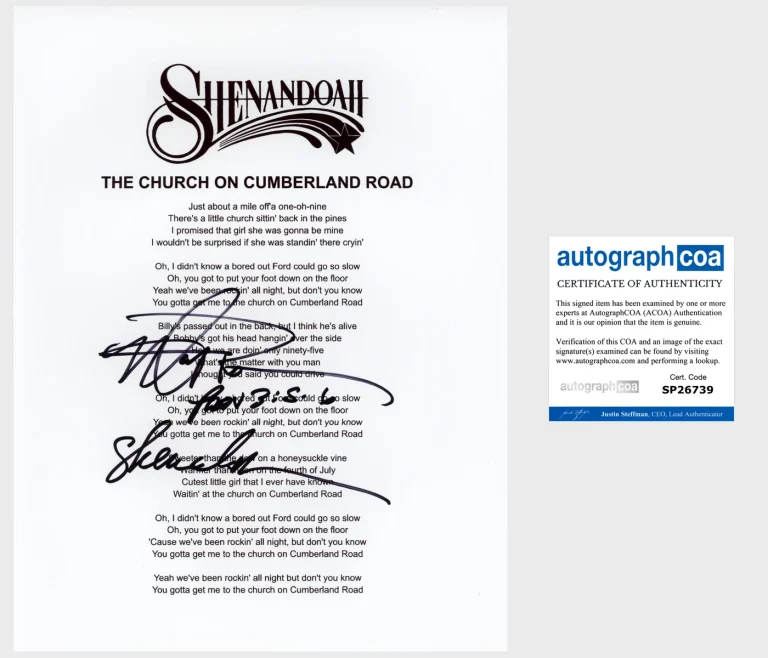 MARTY RAYBON SIGNED SHENANDOAH THE CHURCH ON CUMBERLAND ROAD LYRIC SHEET & COA