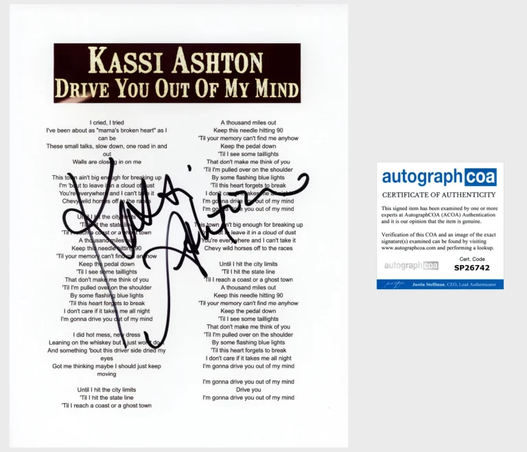 KASSI ASHTON SIGNED AUTOGRAPH DRIVE YOU OUT OF MY MIND LYRIC SHEET w/PROOF & COA