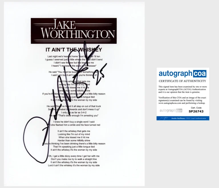 JAKE WORTHINGTON SIGNED AUTOGRAPH IT AIN'T THE WHISKEY LYRIC SHEET w/PROOF & COA