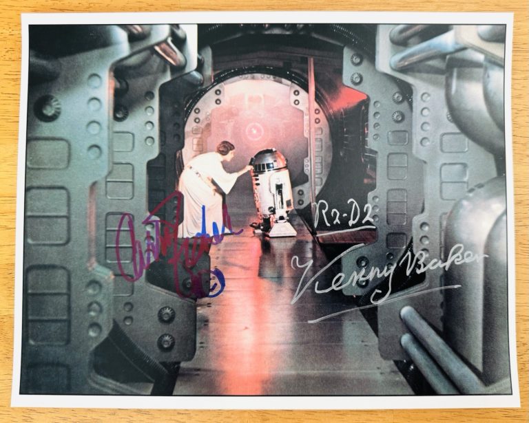 Carrie Fisher & Kenny Baker Signed Auto 8x10 Photo W Princess Leia Sketch SWAU