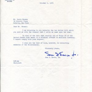 Sam Ervin Jr. US Senator North Carolina Watergate Scandal Signed Autograph TSL