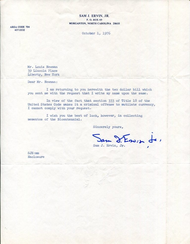 Sam Ervin Jr. US Senator North Carolina Watergate Scandal Signed Autograph TSL