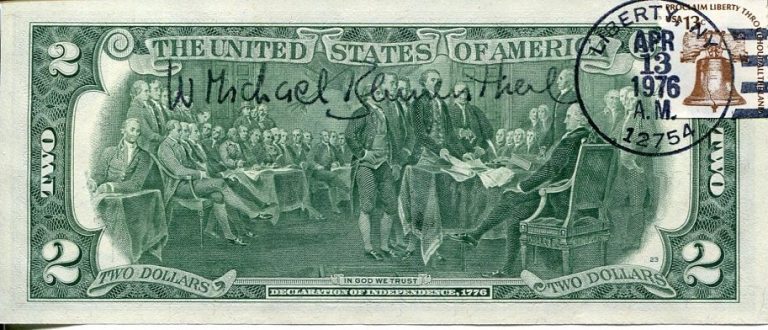 W. Michael Blumenthal Secretary of the Treasury Carter Signed Autograph $2 Bill