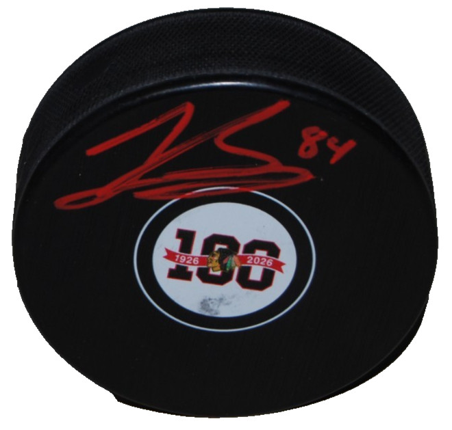 LANDON SLAGGERT signed CHICAGO BLACKHAWKS 100th Anniversary puck BECKETT BV10210