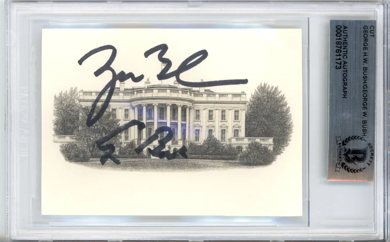 DUAL SIGNED President George W HW Bush White House Engraving Cut Beckett BAS COA