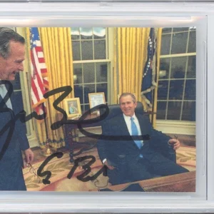 DUAL SIGNED President George W & HW Bush Oval Office Picture Cut Beckett BAS COA